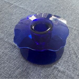 Unique  Cobalt Blue Glass Viking Candle Holder 2 1/4 Inches Tall 4 Inches Wide